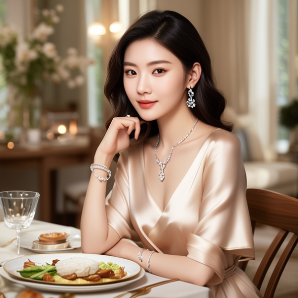 生活瞬间，美女，韩系美女，丝绸，美妆广告，家庭餐桌，4K超清，写实风格，温馨，柔和室内光，细腻皮肤，项链，耳环，手链。