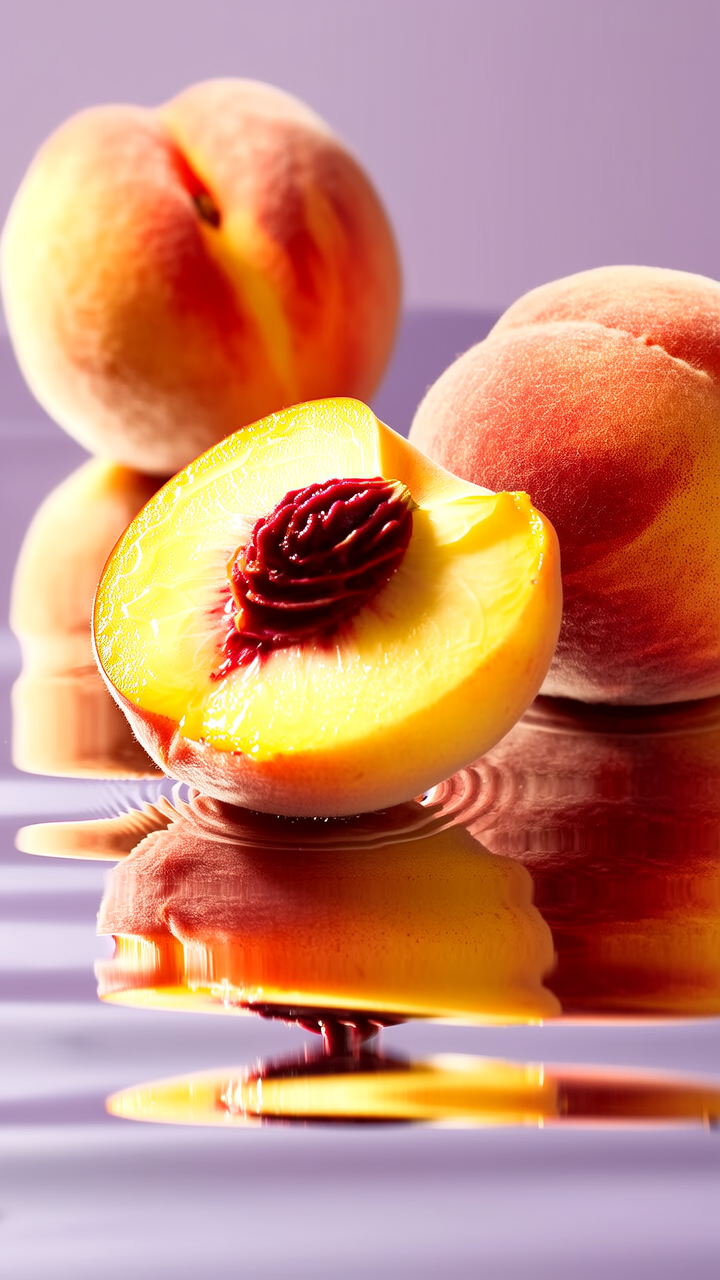 静物摄影，大师摄影，特写镜头，桃子，切开桃子，鲜艳，掉入水面，4K分辨率，写实风格，清新自然，自然光照射，毛绒